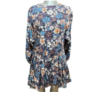 Floral Bohemian Swing Mini Dress Long Sleeve Loose Fit Lagenlook Flowy Sz Small